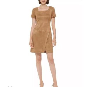 Calvin Klein tan faux suede zip detail sheath dress